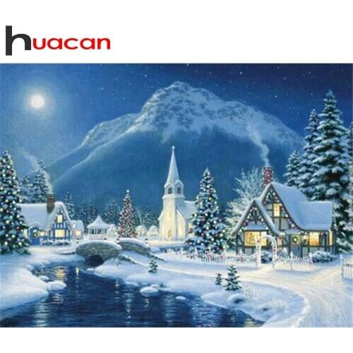 Huacan Diamond Mosaic Winter Art Kits 5D Diamond Painting Landcape Embroidery Christmas Decorations For Home