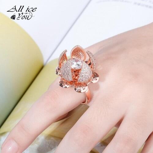 ALLICEONYOU Best Quality Fashion Street AAA Cubic Zirconia Adjustable Flower Iced Out Women Ring CZ Hip Hop Jewelry Gifts