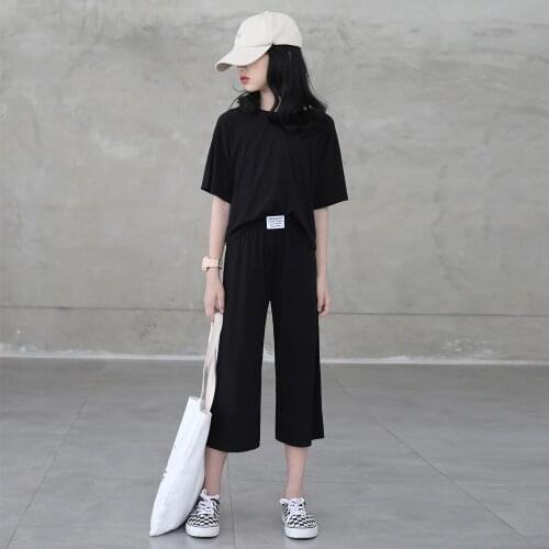 Girls Summer Loose Solid Color Ice Silk Short Sleeve Simple Set 2021 New Thin Seven Cent Wide Leg Pantsuit Solid color suit