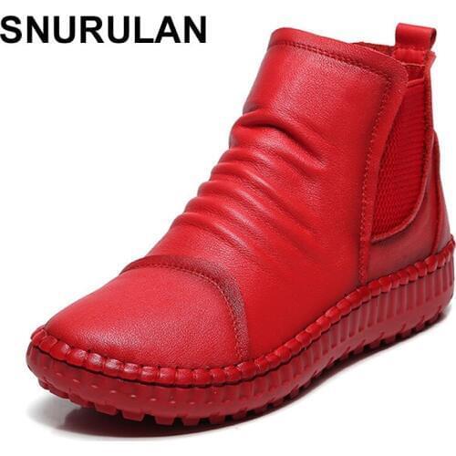SNURULAN 2018 spring and autumn new women shoes flat bottom leisure soft bottom cattle leather boots E201