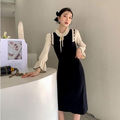 Retro Girl French Black Stitching Contrast Color Loose Dress Women New Spring Elegance Flared Sleeves Sweet Cute Dresses