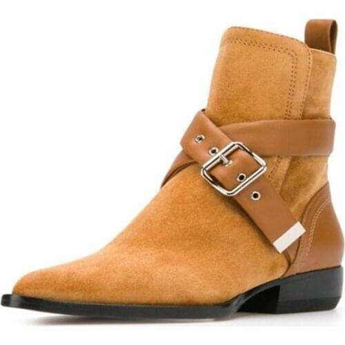 Suede Medium Square Heels Booties Yellow Flock Cross Strap Buckle Decor Pointed Toe Shoes Women Casual Street Runway Boots