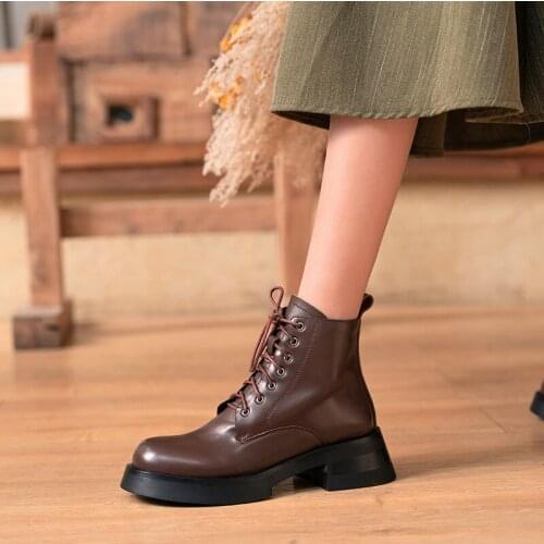 2021 Winter Genuine Leather Women Boots Fashion ZIP Ankle Boots Round Toe Thick Heel Platform Shoes Cross-tied Women Shoes