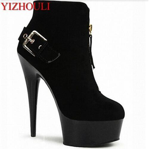 15cm ultra high heel waterproof platform womens shoes, the front lacing suede boots, fine model ankle Dance Shoes