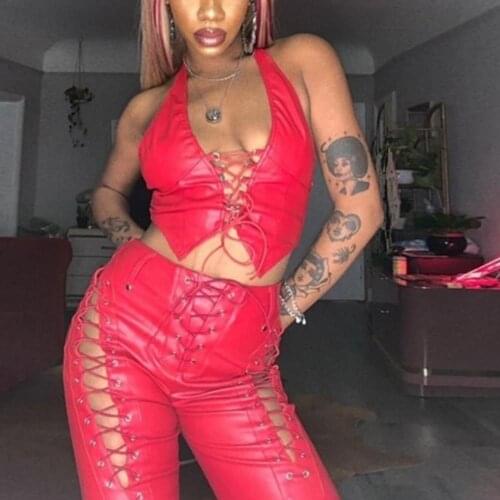 60% Hot Sales Women Pants Hollow Out Slim Punk Ladies Solid Color Faux Leather Pants for Club