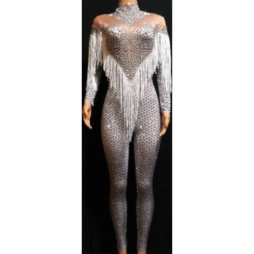 Women New Silver Shining Rhinestones Stretch Jumpsuit Fringes Dance Performance Party Celebrate Stage Show Costume Wear Jumpsuit
