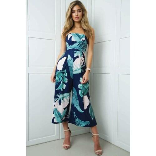 Womans sexy Strapless Smocked Special Occasion printing Wide Leg Jumpsuit
