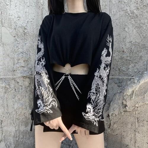 New Loose Crop Long Sleeve Tops Women Harajuku Gothic Dragon Print Chain Patchwork Black Tops Streetwear Fashion Spring Autumn