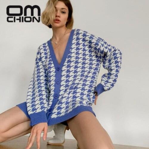 OMCHION Female Knitted Top 2021 Winter Vintage Houndstooth Plaid Oversized Sweater Coat Women Korean Loose Big Long Cardigan