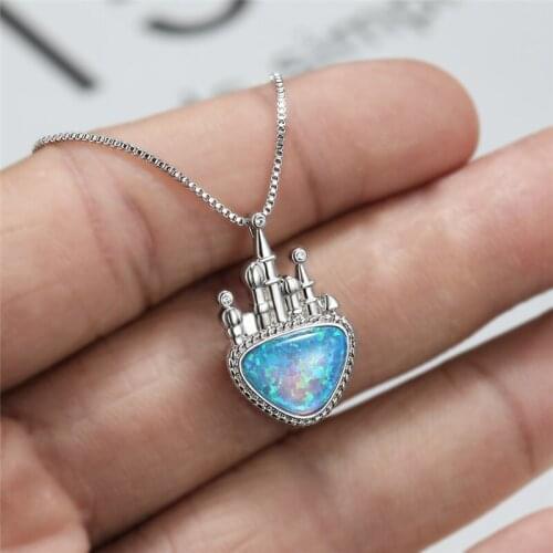 Female Cute Crystal Castle Pendant Necklace Trendy Geometry Opal Wedding Necklace Classic Silver Color Chain Necklaces For Women