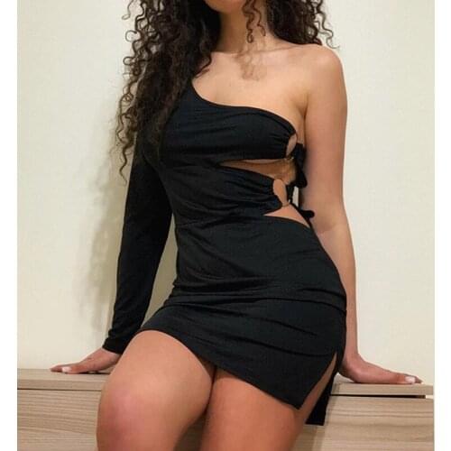Asymmetry One Shoulder Hem Split Hot Sexy Black Dresses 2021 Nightclub Party Fashion Cut Out Backless Slim Women Autumn Clothing