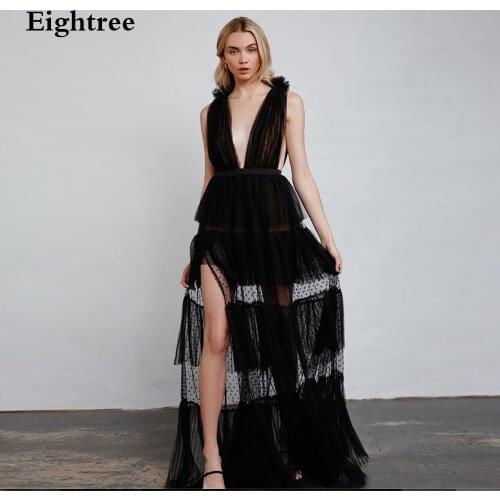 Sexy Black Dot Sleeveless Long V Neck Evening Dress 2021 Tulle A Line Side Slit Prom Dresses Backless Pleated Ball Gown Party