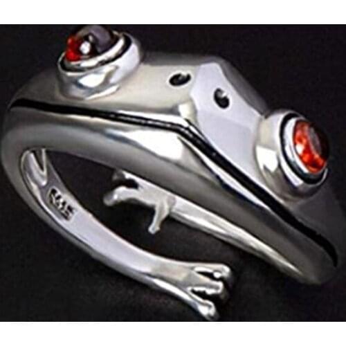 2021 New Cheap Silver Frog Ring Cute Retro Personality Creative Animal Unisex Red Garnet Stone Adjustable Rings For Women Men