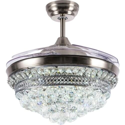 42 Inch Invisible Crystal Ceiling Fan with LED Light and Remote, 4 Retractable ABS Blades Fan Chandelier for Bedroom Diningroom