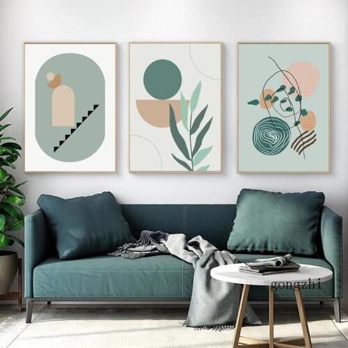 Blue Leaf Geometric Line Abstract Nordic Posters and Prints Boho Canvas Painting Wall Art Pictures for Living Room Decor Modern