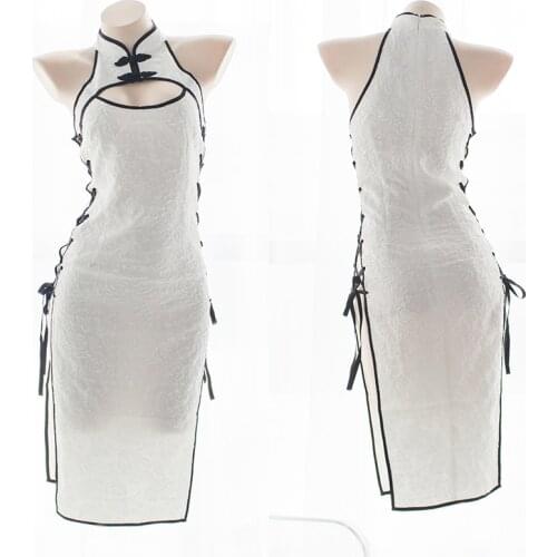 Retro cheongsam Cosplay White open chest rose Jacquard Split Sexy long Dress Women Girls Costumes