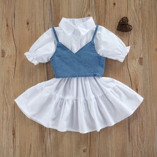 Baby Short Sleeve Dress + Denim Vest, Simple Style Adjustable Bandage with Ruffle Decoration Summer Clothing