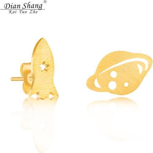 DIANSHANGKAITUOZHE 10Pair Boucle d'oreille Stainless Men Rocket With Planet Rose Gold Stud Earrings For Women Bff Jewelry