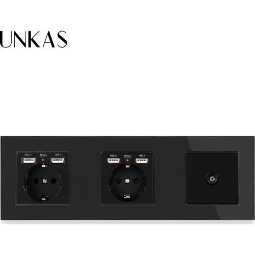 UNKAS Crystal Tempered Glass Double EU Standard Socket with 4 USB Charging Port 1 Gang Female TV Connector Television Port