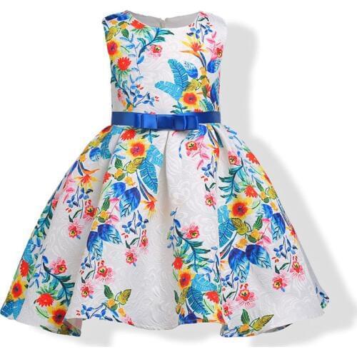 Baby Girls Blue Flower Dress Kids Evening Dress Children Princess Dresses For Party And Wedding 100-150cm