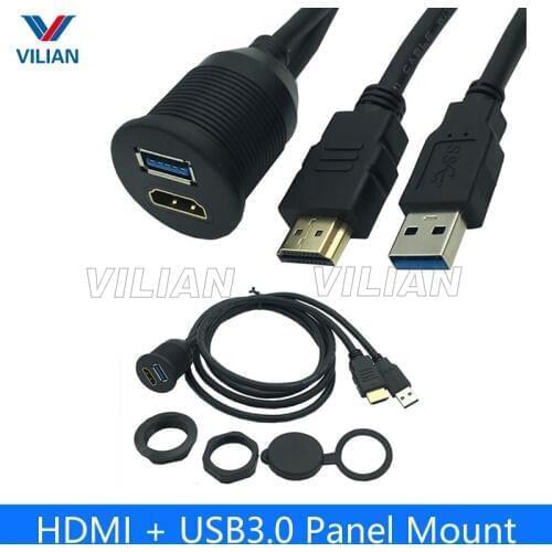 HDMI USB3.0 Waterproof Panel Mount Male to Female Extension Cable 1M For Truck Boat Motocycle Dashboard Flush 2M