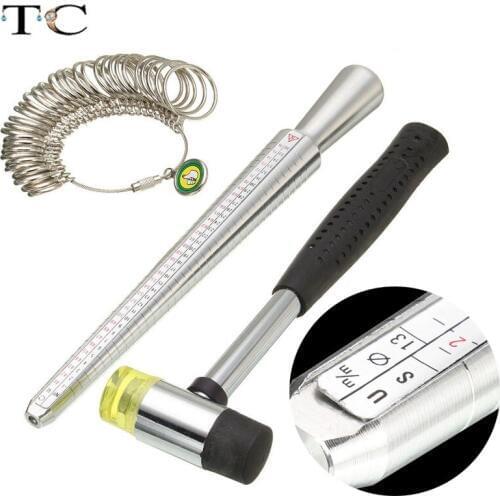 3pcs/lot US Size Stainless Steel Ring Sizer Guage Mandrel Finger Sizing Stick Measure Standard Jewelry Tool With Hammer