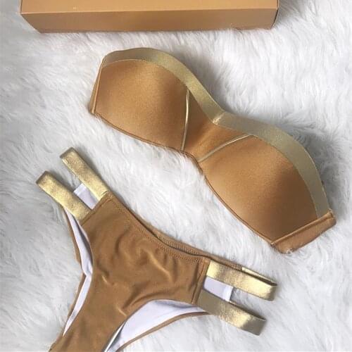 Swimwear Push Up Swimsuit 2020 Sexy Bikini Women Halter Biquini Padded Bathing Suit Gold Stamping Brazilian Bikini Set Thong
