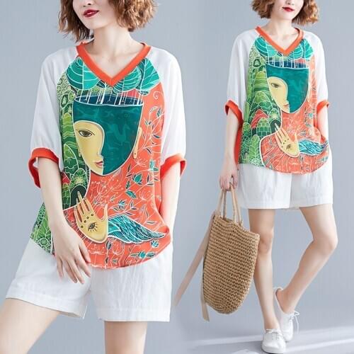 Summer Chiffon Cartoon Printing Tshirt Women Harajuku V-neck Bat Sleeves Lotus Leaf Tops 2020 Fashion New Camiseta Feminina Z234