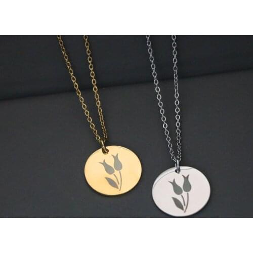 Cute Stainless Steel Glossy Flower Pattern Carved Round Tag Pendant Necklace for Women Trendy Gold Color Choker Jewelry Bijoux