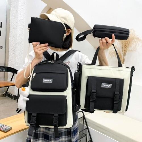 4-piece Set Fashion Womens Backpack Canvas Contrast Color School Bag For Girls Large-capacity Waterproof Outdoor Travel Bags