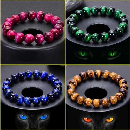 Natural Tiger Eye Bracelet 6 8 10 12mm Yellow and Red Tiger Eye Stone Single Loop Elastic Cord Bracelet Blue Tiger Eye Bracelet