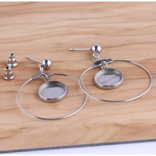 Onwear 20pcs stainless steel 12mm cabochon earring base settings diy blank stud earrings post findings with hoops for jewelry
