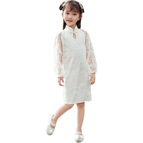 Girls dress lantern sleeves improved cheongsam Chinese style children retro Hanfu champagne pink cheongsam 2020 new