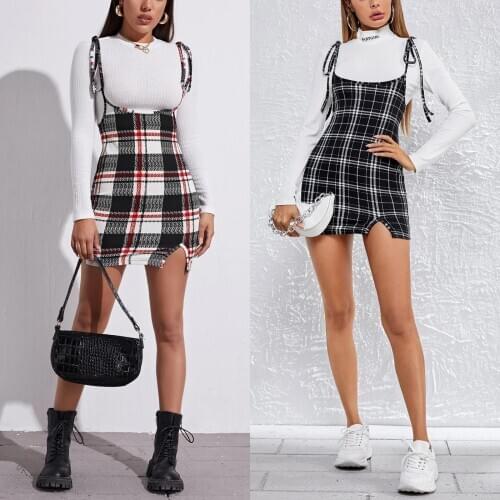 Women Hip Strap Dress Summer Ladies Fall Elegant Plaid Print Adjustable Thin Shoulder High Waist Multi-season Casual Clothing