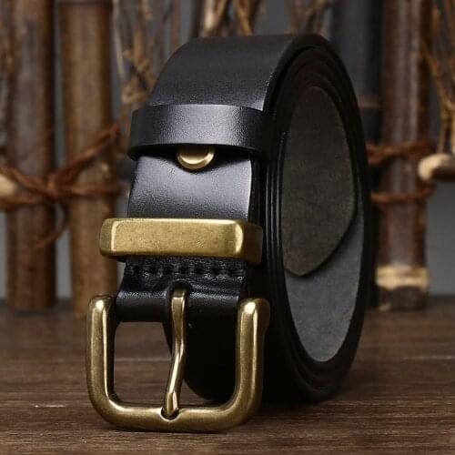 High Quality Belt Mens Leather Pure First Layer Cowhide Copper Buckle Retro Wild Hand-Made Old Pin Buckle Jeans Belt Casual