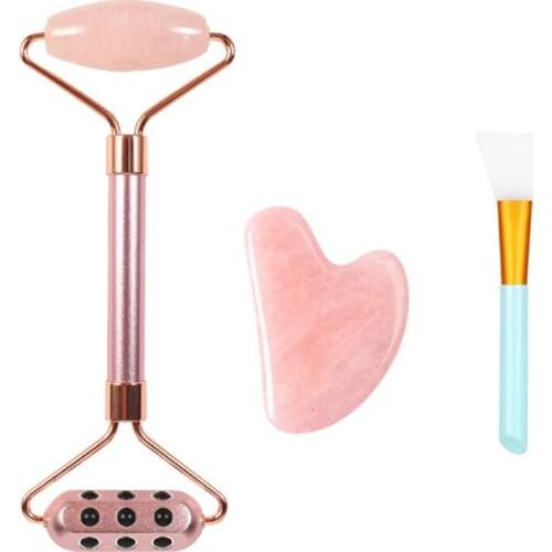 Rose Quartz Roller Facial Massager Germanium Metal Roller Massager Rose Quartz Scraper Skin Care Mask Brush Three-piece Set