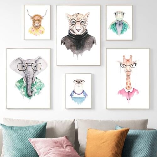 Elephant Lion Cheetah Giraffe Yak With Glasses Wall Art Canvas Painting Nordic Posters And Prints Animal Pictures Boy Room Decor
