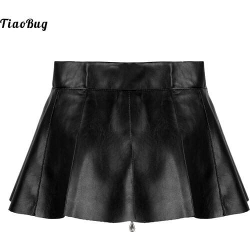 TiaoBug Sexy Womens Black PU Leather High Waist Front Zipper Pleated Mini Skirt Party Nightwear Clubwear