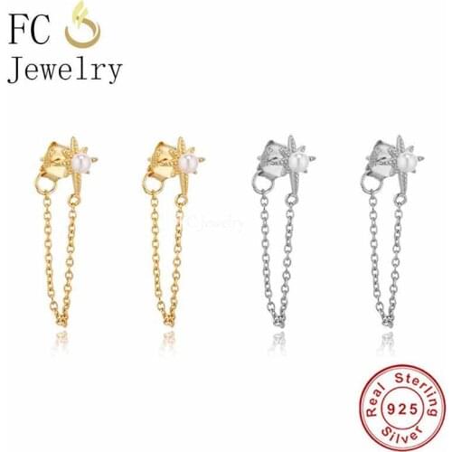 Real 925 Sterling Silver Sparkling Star With Simulated Pearl Piercing Hoop Earring For Women Boucle D'oreilles Pendientes 2021