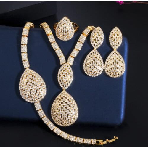 ThreeGraces Luxury Gold Color Dubai Bridal Wedding Jewelry Cubic Zirconia Big Drop Necklace Earrings Bracelet Ring Sets TZ509