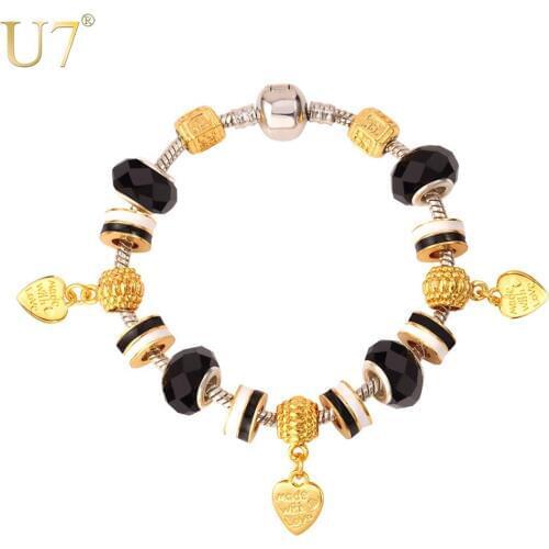 U7 European Brand Bracelets For Women Gold Color Bead Jewelry Wholesale Crystal Love Heart Bracelet H628