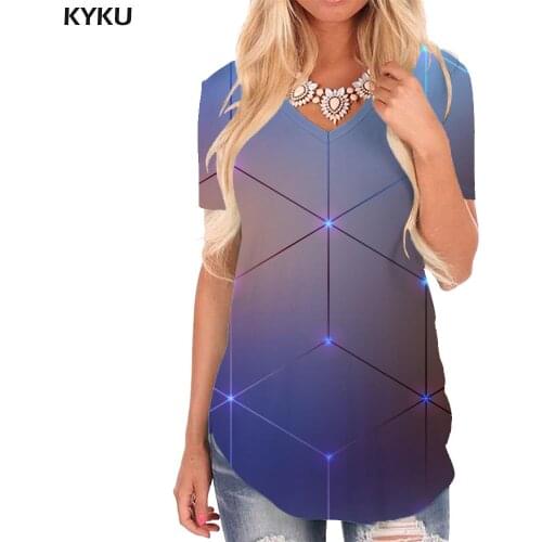 KYKU Dark Blue T-shirt women Geometry V-neck Tshirt Psychedelic Funny T shirts Abstract Tshirts Printed Womens Clothing Fashion