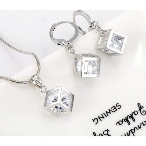 Womens Cube Shaped Jewelry Set Silver Color Korean Wholesale Hollow Box Small Square Inlaid Zircon Necklace Earrings KCS214