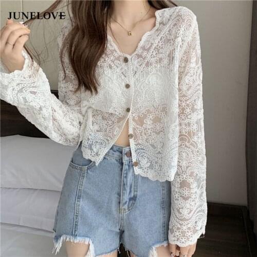 JuneLove Super Fairy Sunscreen Clothing Women New Thin Loose Mesh Hollow Blouse Lace Shirt Shawl Small Jacket Top Blusas Camisas