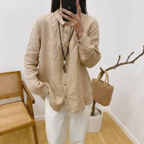 FairyNatural Female Japanese Style Linen Shirts 2021 Spring Autumn 2 Colors Ladies Retro Turn Down Collar Loose Blouses