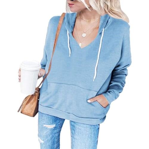 Womens Casual Long-sleeved Drawstring Hoodies Fashion Solid Color Loose Pullover Sweatshirt