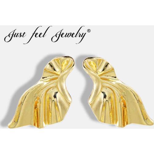JUST FEEL Brand Irregular Surface Stud Earrings For Women Metal Gold Silver Color Fashion Earring Shiny Punk Jewelry Statement