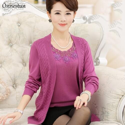 M-XXXL Real Two Piece Set Sweater Women O Neck Long Sleeve Cardigan Plus Size Loose Mother Sweater Set