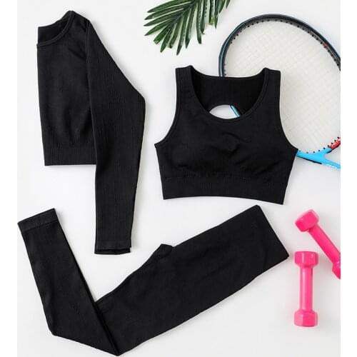 Yoga clothing suit womens explosive style bright silk long-sleeved trousers bra three-piece sports suit