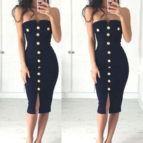 Elegant Fashion Women Sexy Wrap Chest Tight Button Dress Ladies Strapless High Waist Split Pencil Dress Bodycon Dress